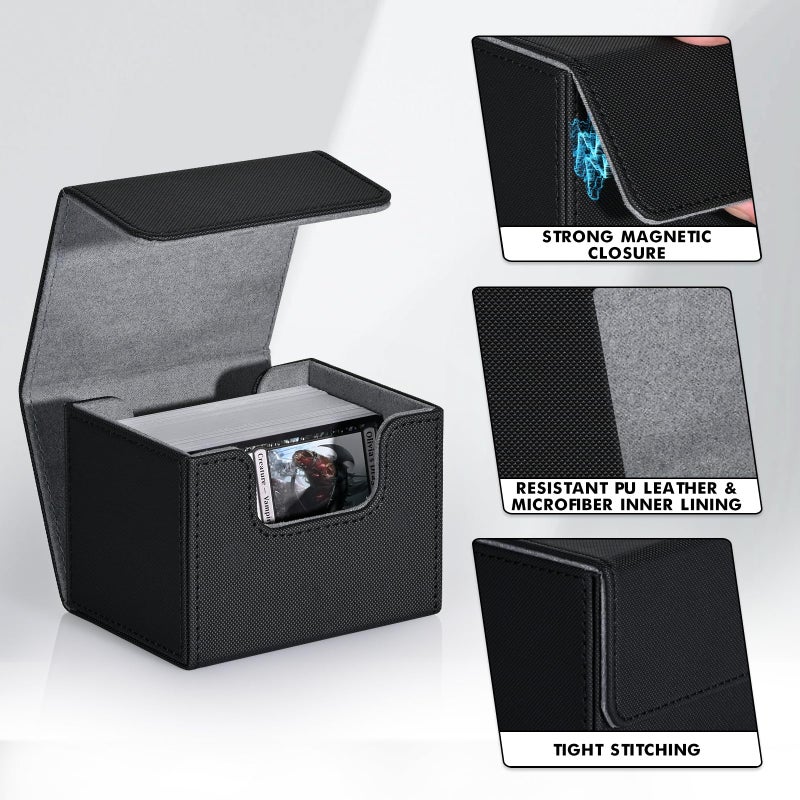 ZLCA Card Deck Box for Trading Cards  MTG Commander Deck Box Holds 120+ Single Sleeved Cards  Leather Magnetic Card Storage Box Fits for TCG CCG Magic Cards (Black) - Image 4